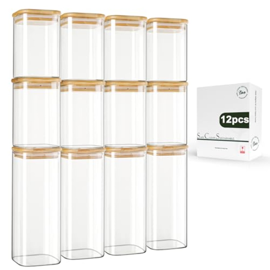 Food Storage In Pantry - 12-pack vierkante glazen voorraadpotten met bamboe