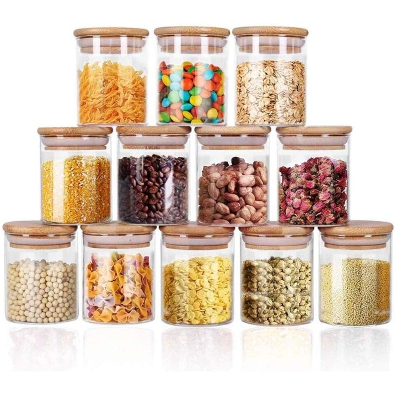 Food Storage Glass Set - 12-glazen potten set met bamboe luchtdichte