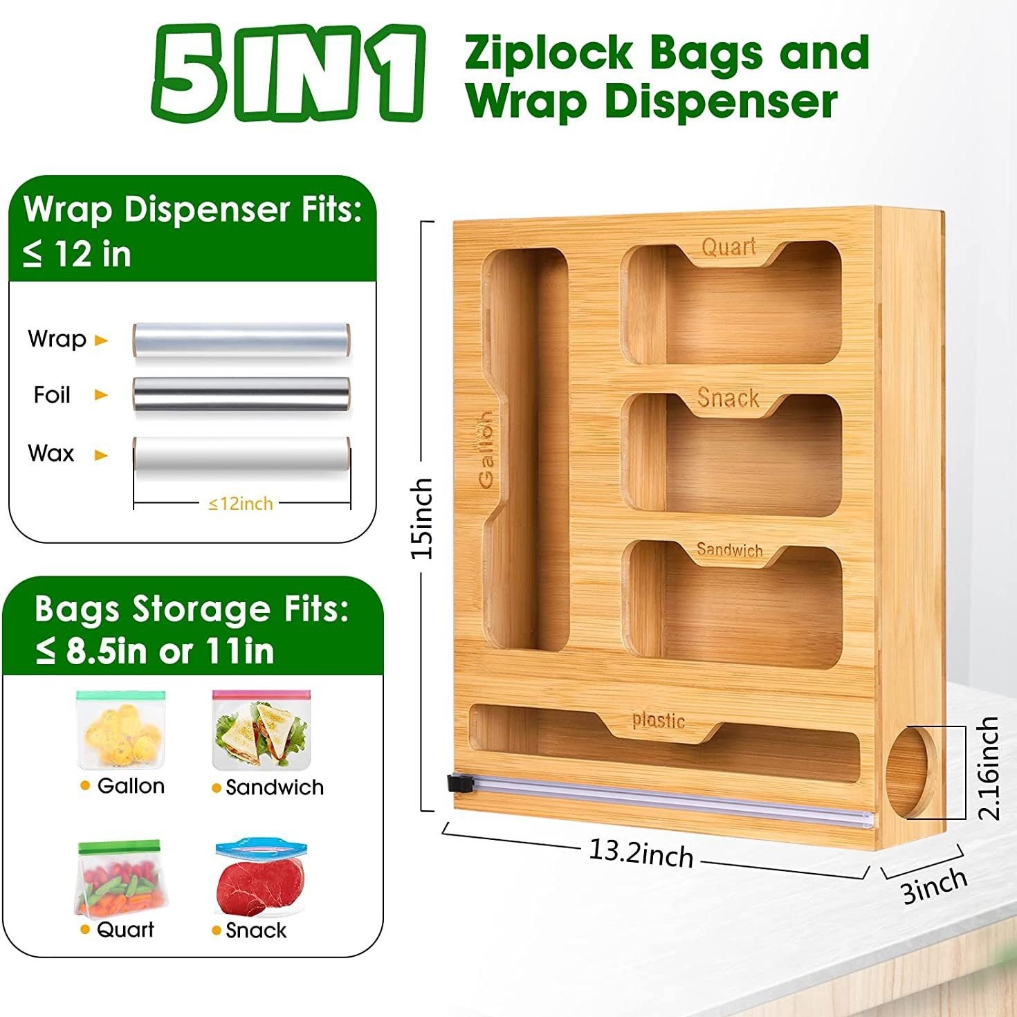 Food Storage Plastic Bag - Bamboe Ziplock Voedselzakhouder Compatibele wandopbergrekken Keukenopslagplank